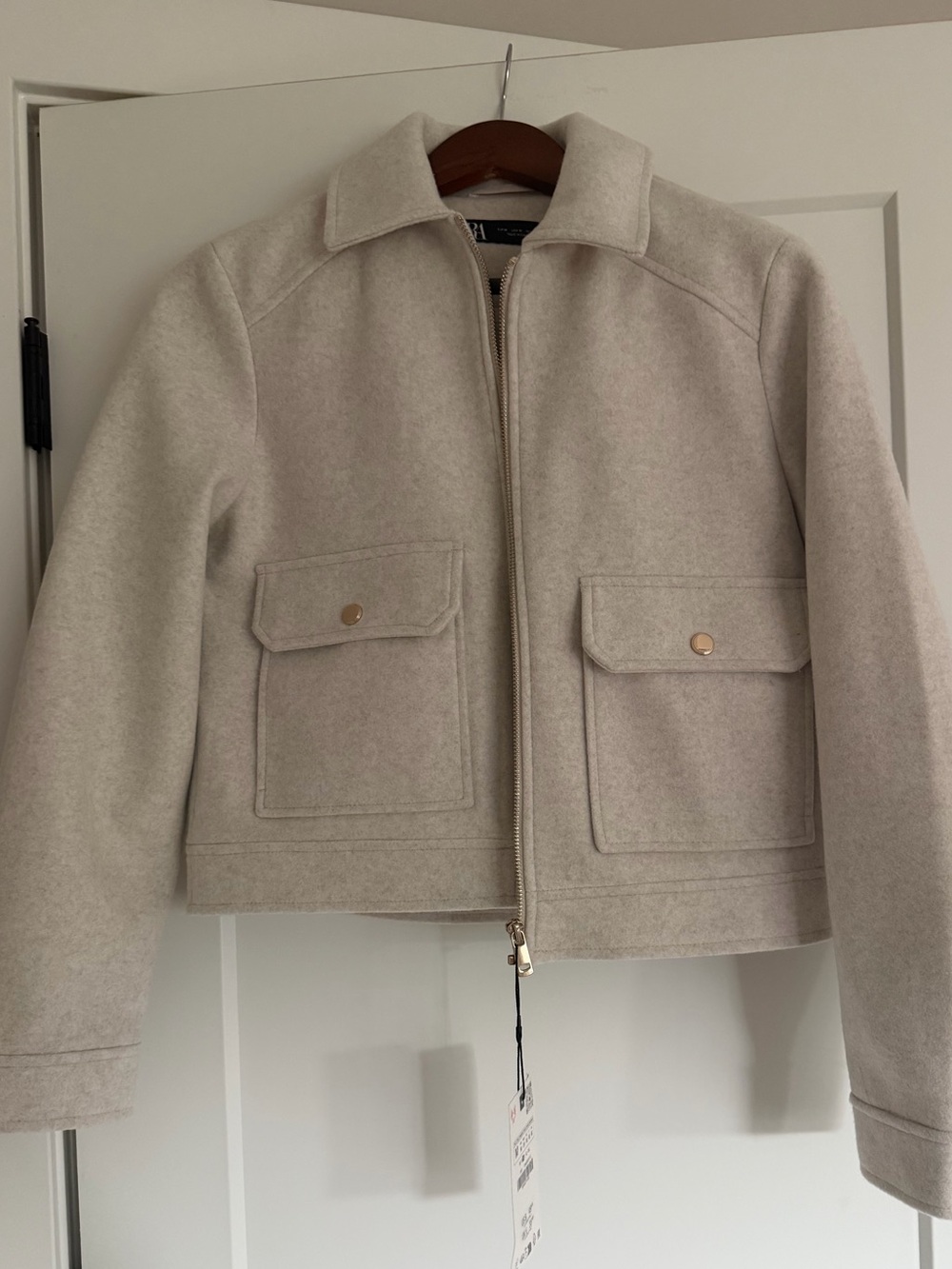 NWT Zara Cream Brushed Felt Cropped Jacket Gold Zip & Snap Flap Pockets M